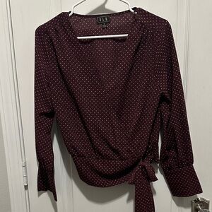 Chic Burgundy Polka Dot Wrap Blouse
